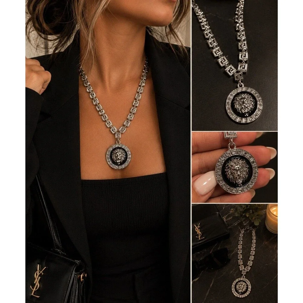 Silver Tone Greek Meander Link Necklace with Black Lion Medallion Pendant Charm